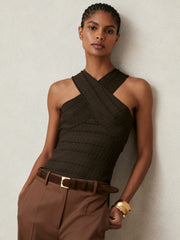 Reiss | Cross Neck Textured Top in Chocolate