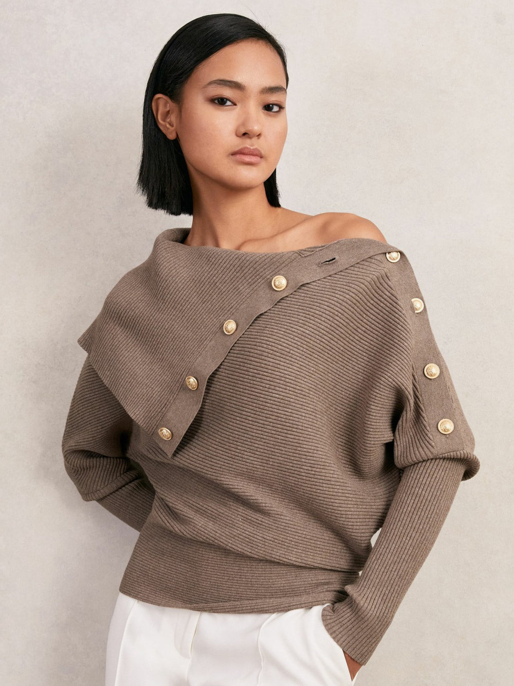 Reiss | Rib-Knit Button Shawl Jumper in Taupe