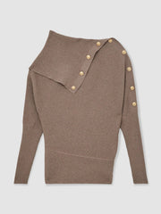 Reiss | Rib-Knit Button Shawl Jumper in Taupe
