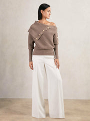 Reiss | Rib-Knit Button Shawl Jumper in Taupe