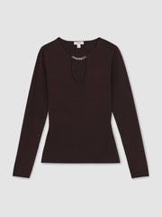 Reiss | Chain-Detail Keyhole Knit Top in Plum