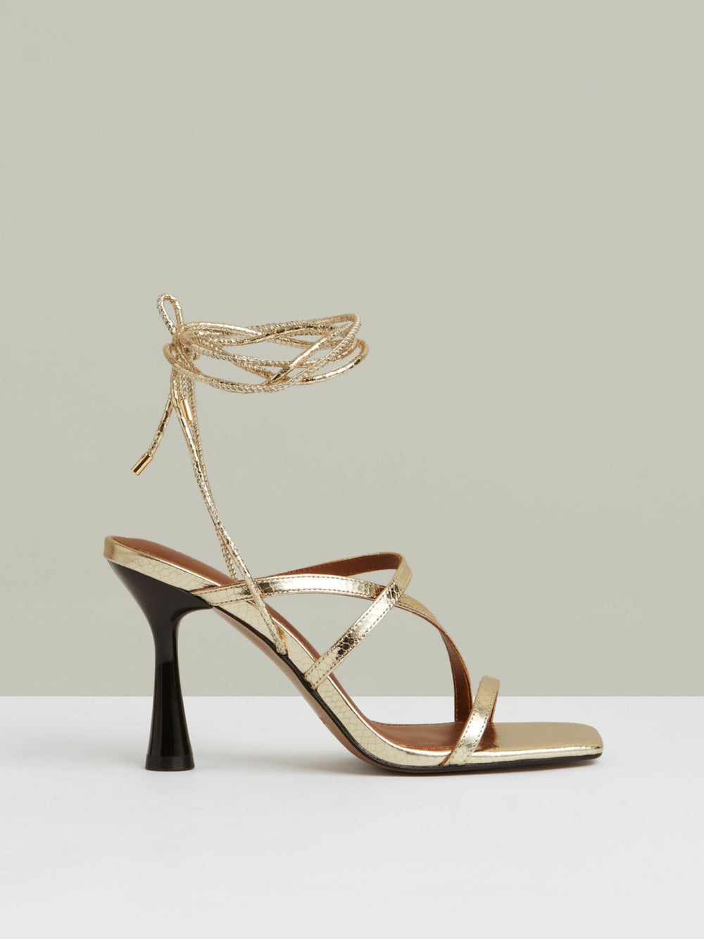Reiss | Leather Metallic Strappy Heeled Sandals in Gold