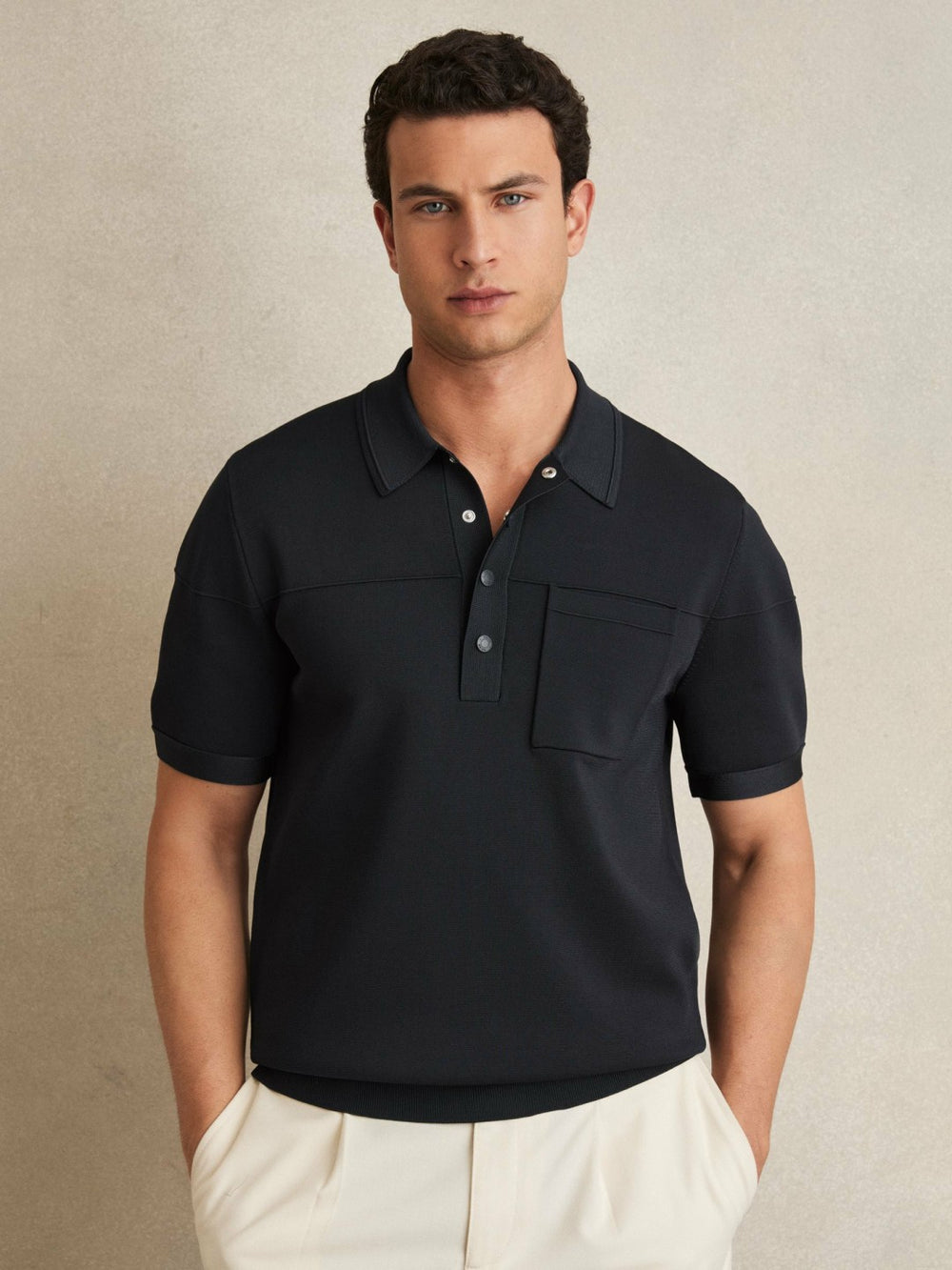 Reiss | Press-Stud Seam-Detail Polo Shirt in Navy