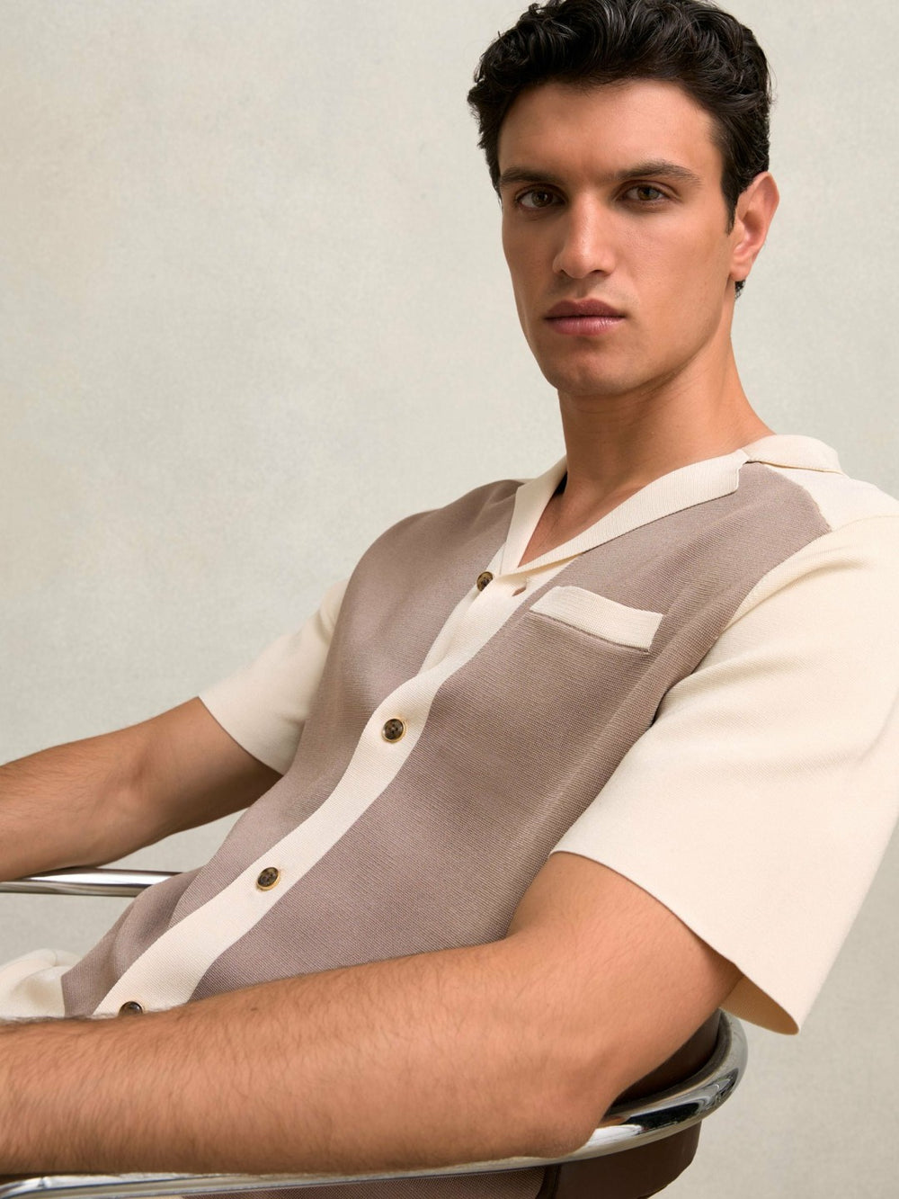 Reiss | Colour-Block Cuban-Collar Knit Shirt in Taupe Brown/Light Stone