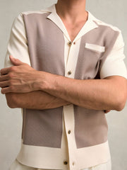 Reiss | Colour-Block Cuban-Collar Knit Shirt in Taupe Brown/Light Stone