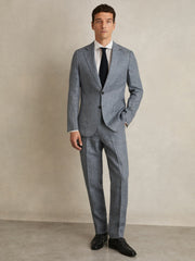 Reiss | Slim Fit Linen Check Suit Trousers in Soft Blue