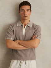 Reiss | Micro-Cable Half-Zip Polo Shirt in Light Taupe Brown