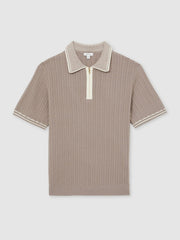 Reiss | Micro-Cable Half-Zip Polo Shirt in Light Taupe Brown
