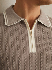 Reiss | Micro-Cable Half-Zip Polo Shirt in Light Taupe Brown