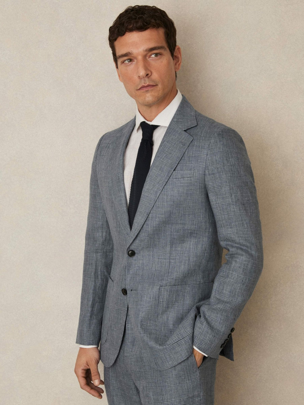 Reiss | Slim Fit Single Breasted Linen Check Suit Blazer in Soft Blue