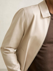 Reiss | Lyocell-Cotton Zip-Through Twill Jacket in Ecru