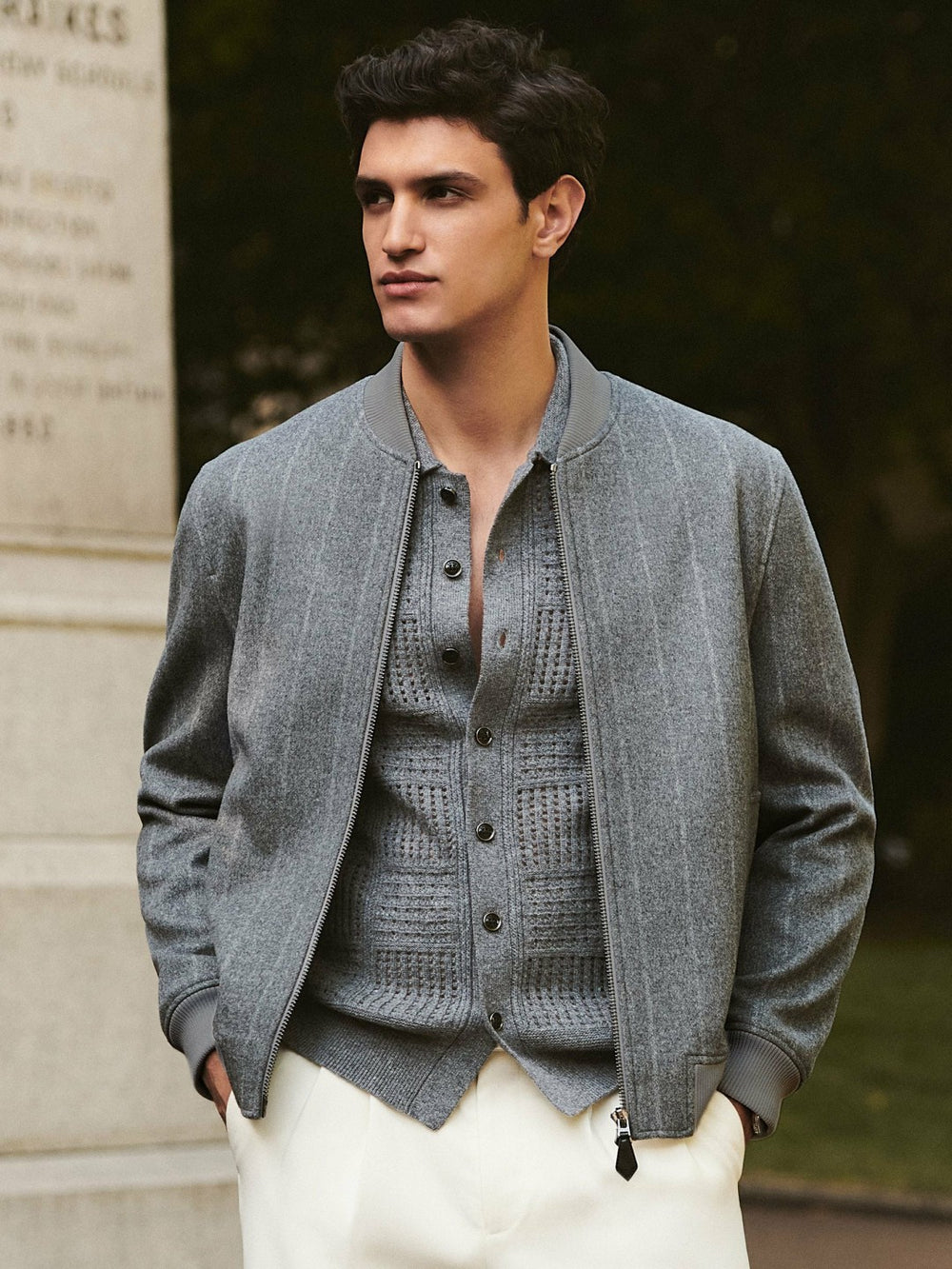 Reiss | Wool-Blend Chalk-Stripe Bomber Jacket in Grey