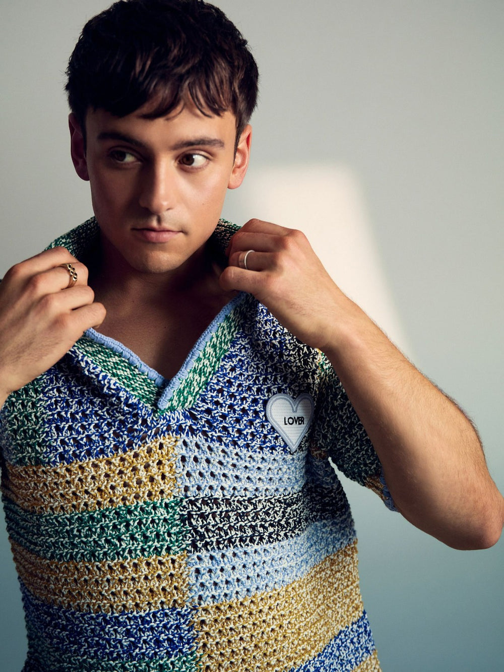 Reiss | | Tom Daley Crochet Polo Shirt in Yellow/Green/Blue Multi