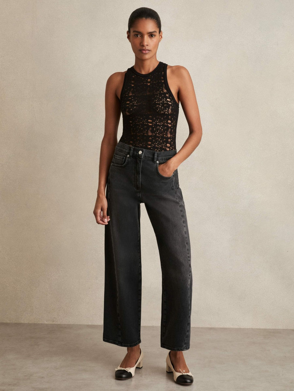 Reiss | Petite Barrel-Leg Seam Jeans in Washed Grey