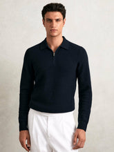 Reiss | Wool Waffle-Knit Half-Zip Polo Shirt in Navy