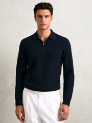 Reiss | Wool Waffle-Knit Half-Zip Polo Shirt in Navy