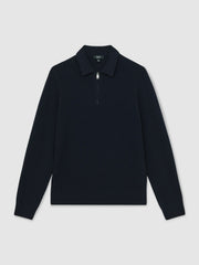 Reiss | Wool Waffle-Knit Half-Zip Polo Shirt in Navy