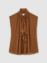 Reiss | Crepe-Chiffon Ruffle Sleeveless Top in Tan Brown