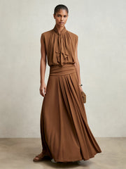 Reiss | Jersey Ruched-Waist Maxi Skirt in Tan Brown