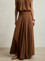 Reiss | Jersey Ruched-Waist Maxi Skirt in Tan Brown