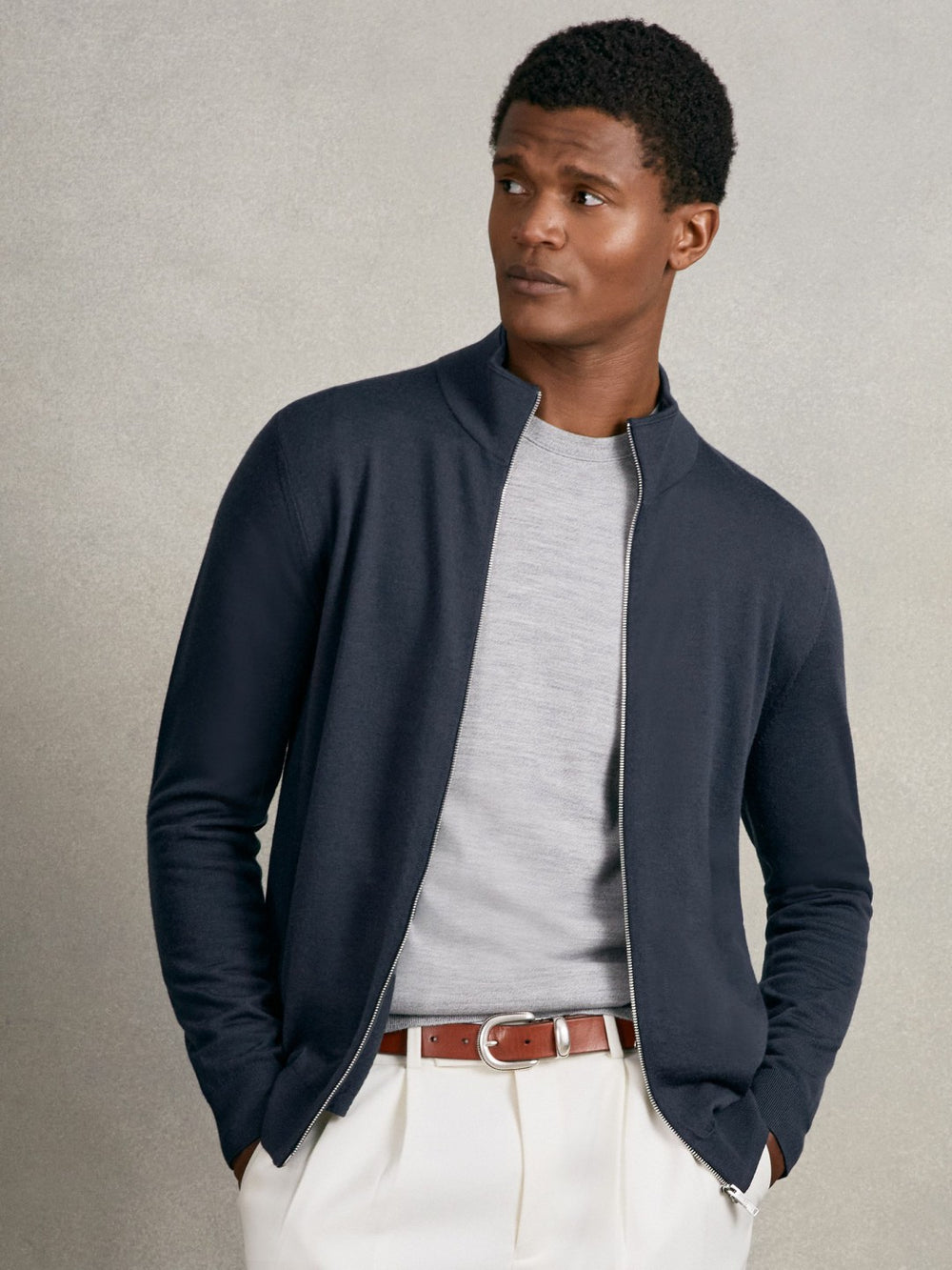 Reiss | Merino Wool Zip Through Cardigan in Midnight Navy