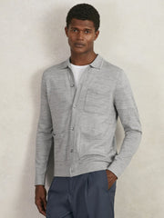 Reiss | Merino Wool Button-Through Shirt in Soft Grey Mouline