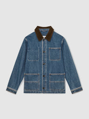 Reiss | Corduroy Collar Denim Worker Jacket in Denim Blue