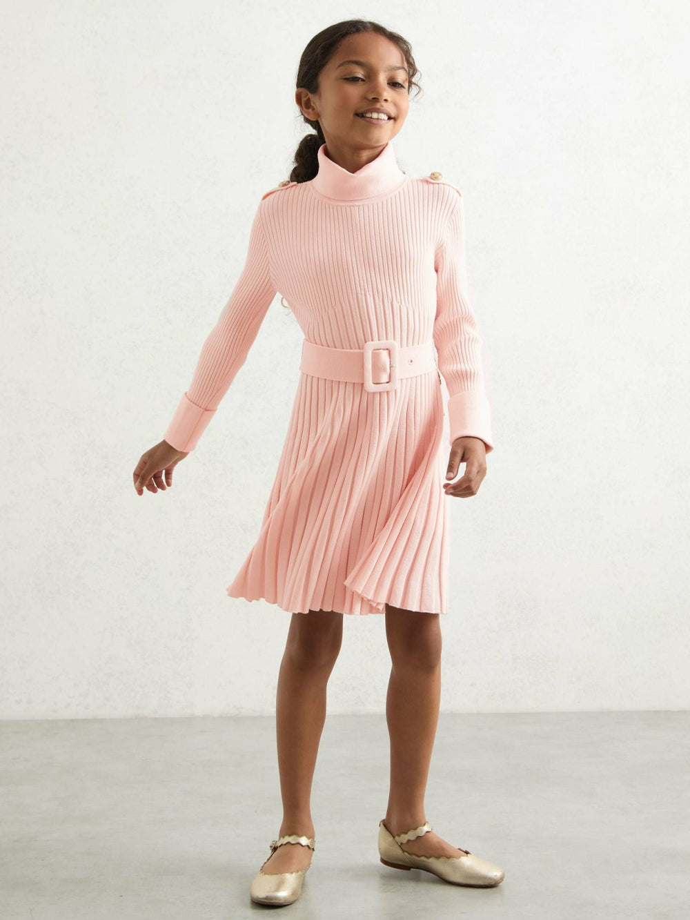 Reiss | 9-13 yrs Rib-Knit Roll-Neck Belted Dress in Pink