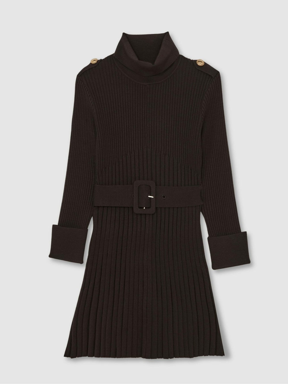 Reiss | 13-14 yrs Rib-Knit Roll-Neck Belted Dress in Chocolate