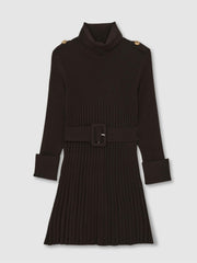Reiss | 13-14 yrs Rib-Knit Roll-Neck Belted Dress in Chocolate