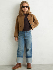 Reiss | 9-13 yrs Wool-Blend Cropped Collarless Jacket in Camel