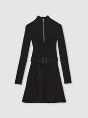 Reiss | Rib-Knit Belted Half-Zip Flippy Dress in Black