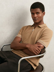 Reiss | Textured Half-Zip Tipped Polo Shirt in Camel