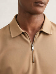 Reiss | Textured Half-Zip Tipped Polo Shirt in Camel