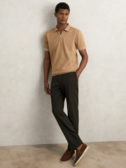 Reiss | Textured Half-Zip Tipped Polo Shirt in Camel