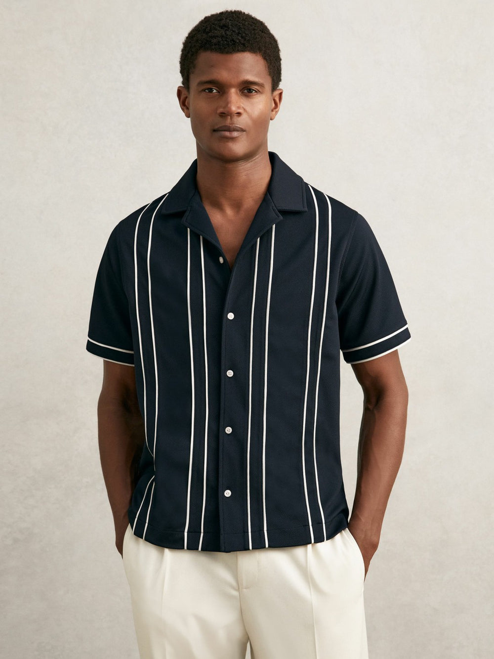 Reiss | Piped-Stripe Cuban-Collar Shirt in Navy/White