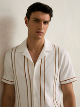 Reiss | Piped-Stripe Cuban-Collar Shirt in White/Camel