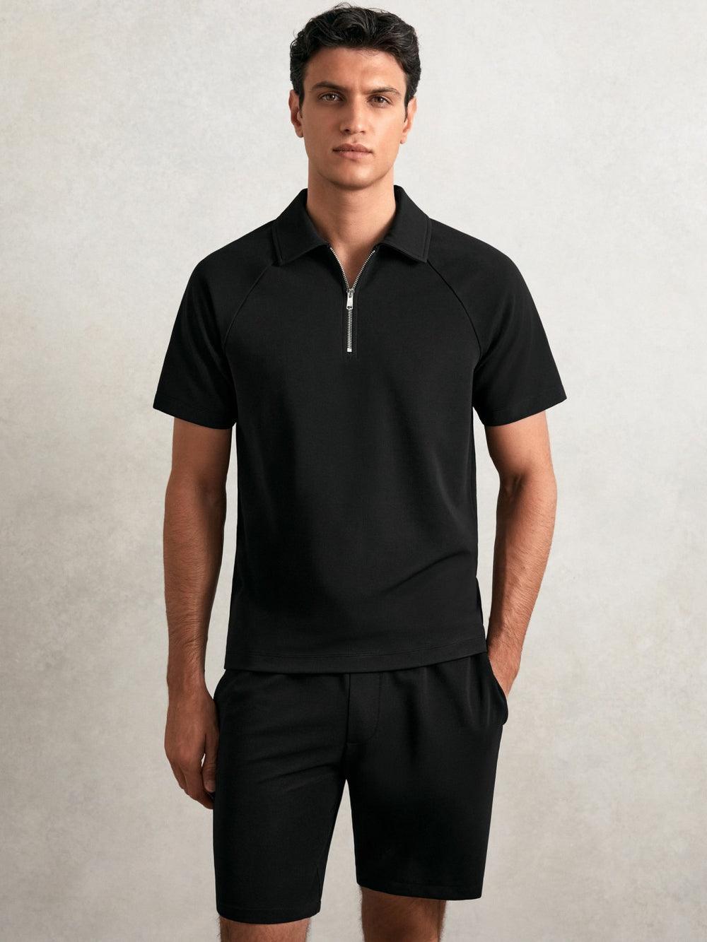 Reiss | Textured Raglan Half-Zip Polo Shirt in Black