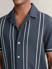 Reiss | Piped-Stripe Cuban-Collar Shirt in Airforce Blue
