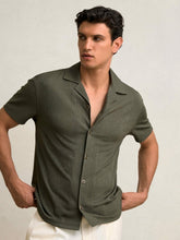 Reiss | Jacquard-Stripe Cuban-Collar Shirt in Dark Green