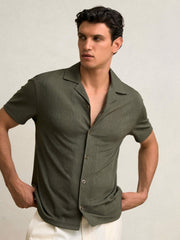 Reiss | Jacquard-Stripe Cuban-Collar Shirt in Dark Green