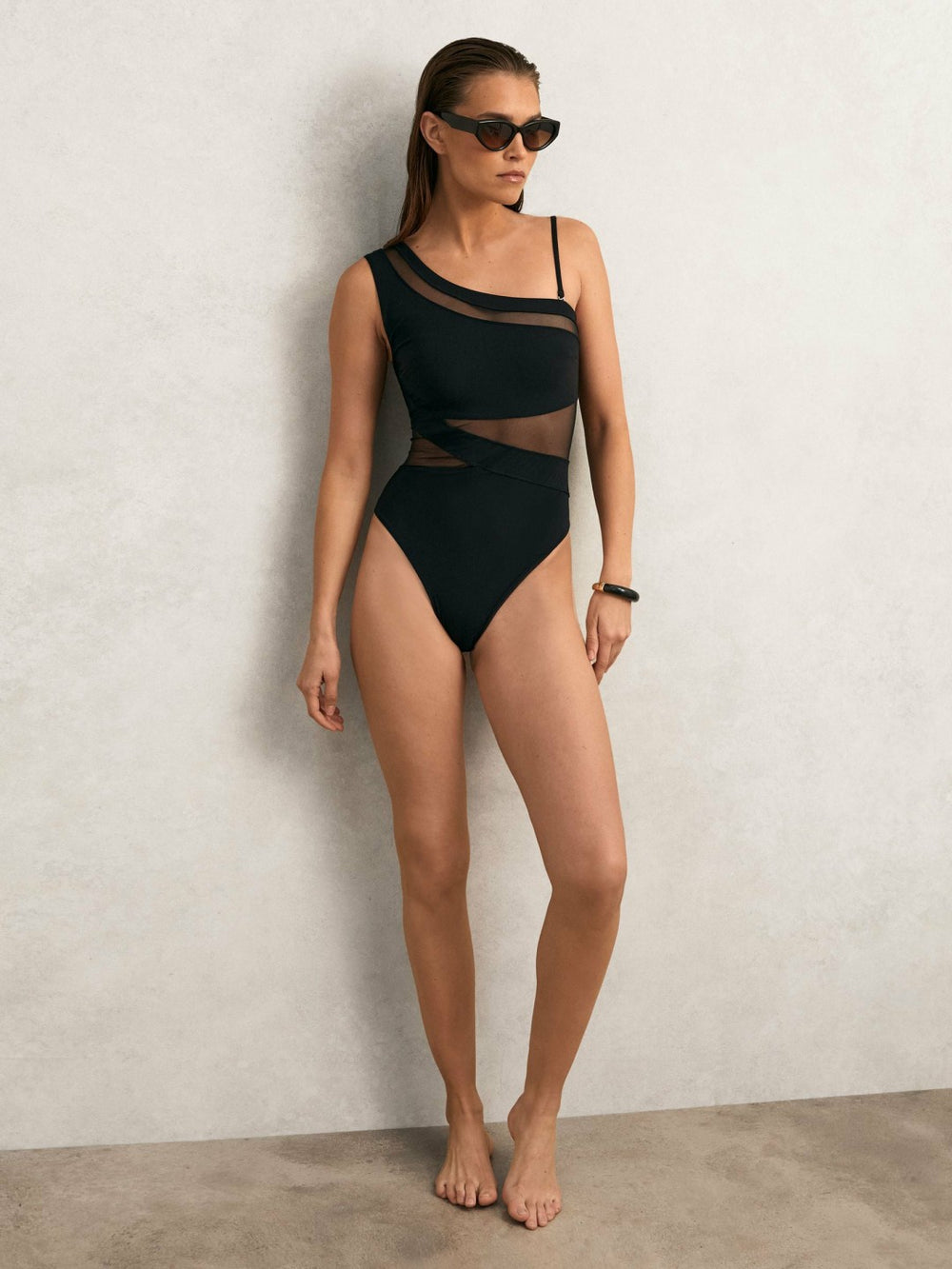 Reiss | One Shoulder Mesh Panel Swimsuit in Black