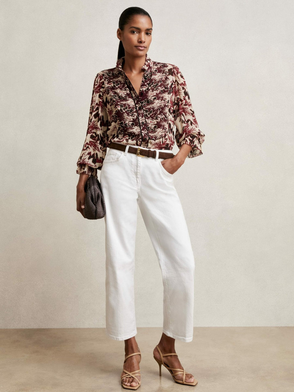 Reiss | Abstract-Print Ruffle-Neck Shirt in Burgundy/Cream
