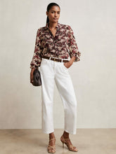 Reiss | Abstract-Print Ruffle-Neck Shirt in Burgundy/Cream