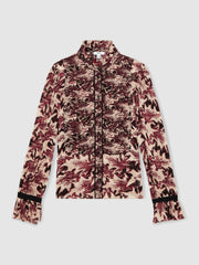Reiss | Abstract-Print Ruffle-Neck Shirt in Burgundy/Cream