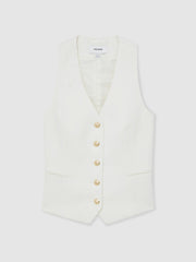 Reiss | Single-Breasted Twill Waistcoat With Wool in White
