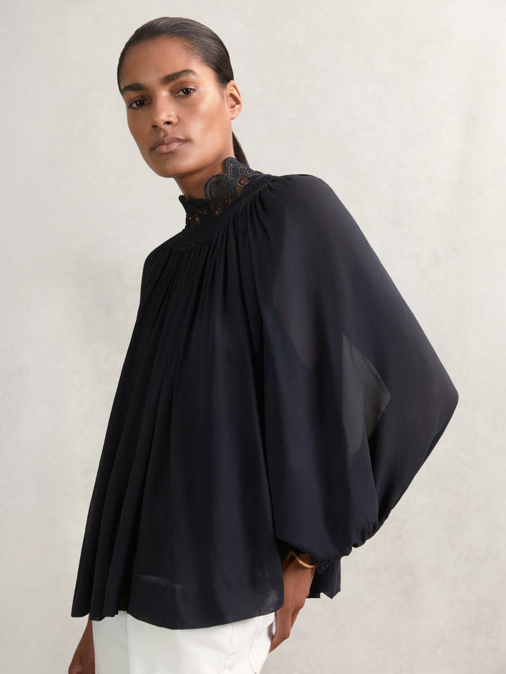 Reiss | Lace-Trim Draped Chiffon Top in Navy