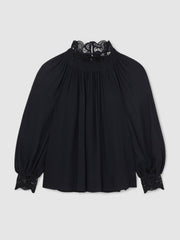 Reiss | Lace-Trim Draped Chiffon Top in Navy