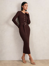 Reiss | Buttoned Rib-Knit Midi Dress in Burgundy