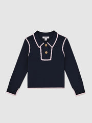 Reiss | 9-13 yrs Piped Knitted Collar Top in Navy